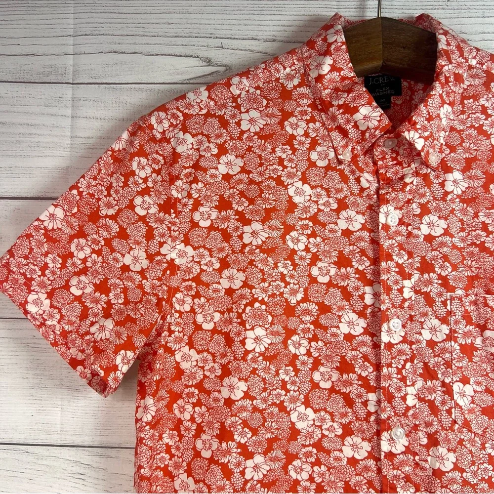 J. Crew Mens Orange White Floral Button Down Shirt Size M Flex Washed Slim Beach